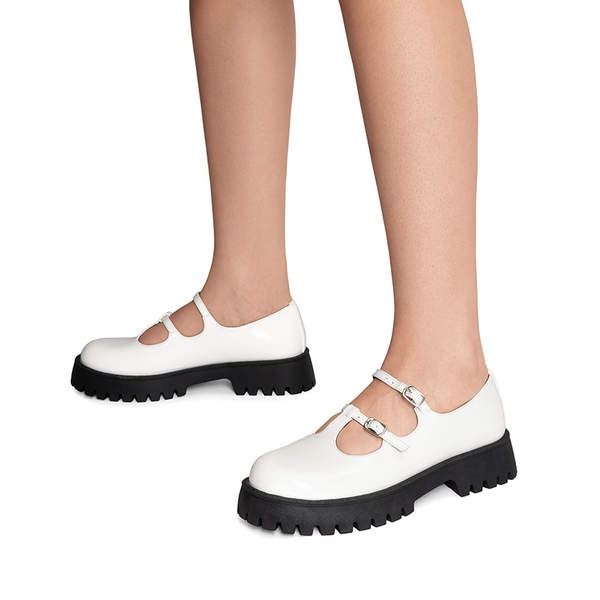 Double-strap Mary Jane Chunky Pumps - WHITE-PU - 1